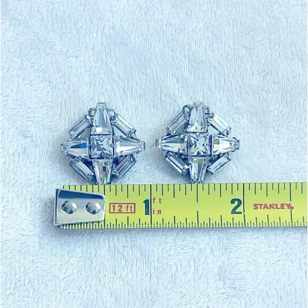 Vtg Weiss Art Deco Revival Clear Rhinestone Clip Earrings MCM Baguettes Signed